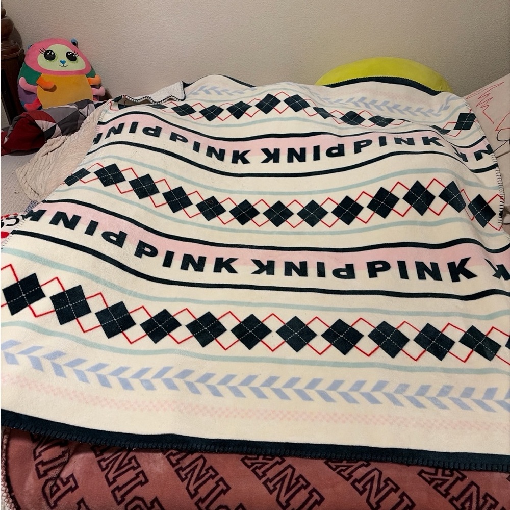 PINK Victoria's Secret Argyle Blanket - Black, Red, Blue